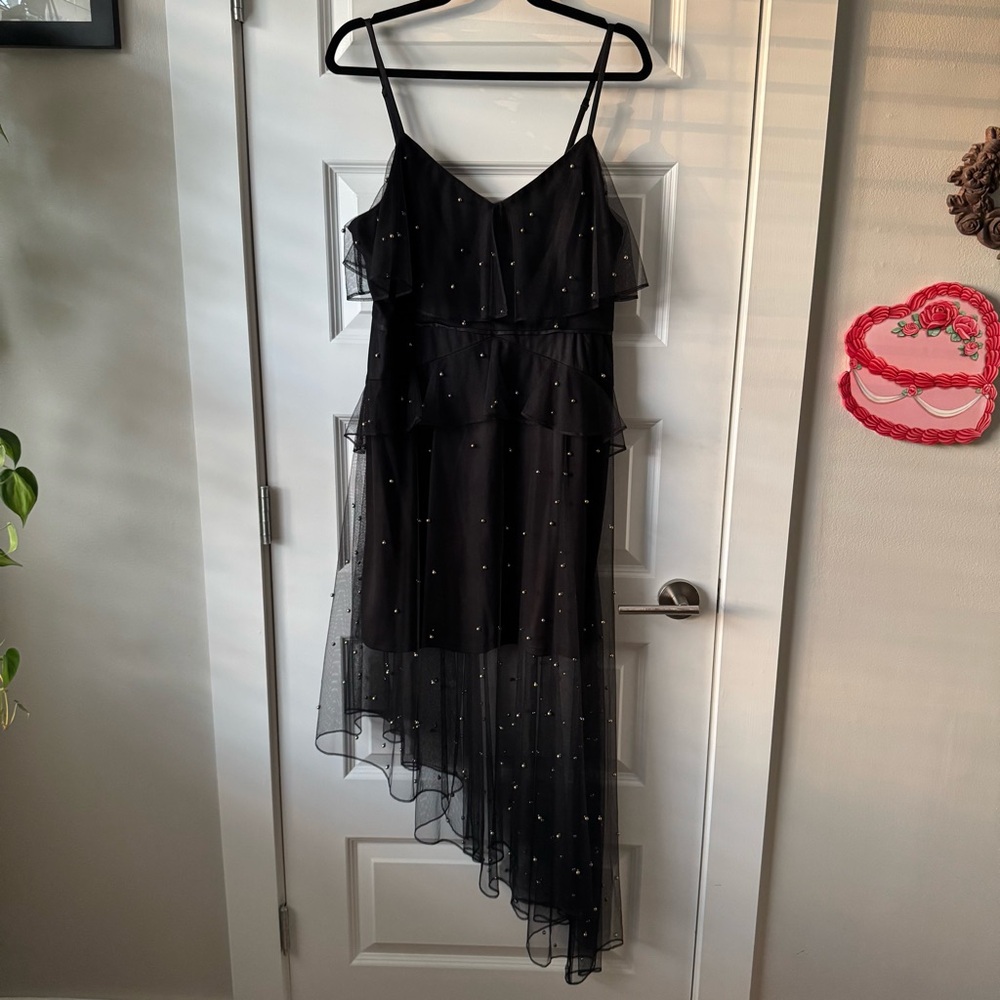 AVEC LES FILLES Asymmetrical Mesh Lined Spaghetti Strap Dress 14 Gold Beading